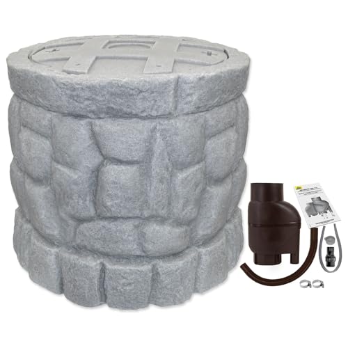 Regentonne Märchenbrunnen 330l mit Fallrohrfilter T33 FROSTSICHERES Regenfass mit stabilem Deckel und Wasserhahn, schöner und Fast unverwüstlicher Regenspeicher, wie gemauert von AMUR