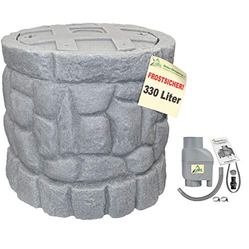 Regentonne Märchenbrunnen 330l mit Fallrohrfilter T33 FROSTSICHERES Regenfass mit stabilem Deckel und Wasserhahn, schöner und Fast unverwüstlicher Regenspeicher, wie gemauert von AMUR