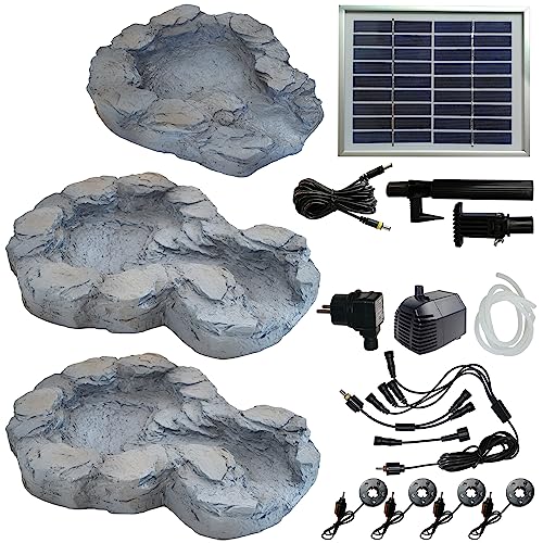 Solar GARTENBRUNNEN Bachlauf QUELLBACH II mit LED-Licht/Hybrid-System, 230V ZIERBRUNNEN VOGELBAD Wasserfall GARTENLEUCHTE TEICHPUMPE - SPRINGBRUNNEN WASSERSPIEL für Garten, Gartenteich, Teich von AMUR