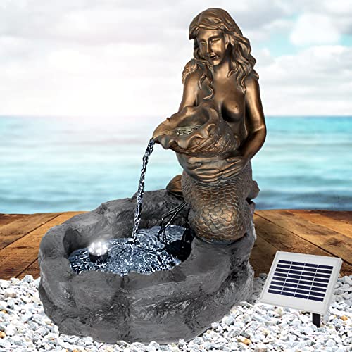 Solar Gartenbrunnen Brunnen Solarbrunnen MEERJUNGFRAU am TEICH Zierbrunnen Wasserfall Gartenleuchte Teichpumpe für Terrasse, Balkon, Modell mit Pumpen-instant-start-funktion mit Liion-Akku & Led-Licht von AMUR