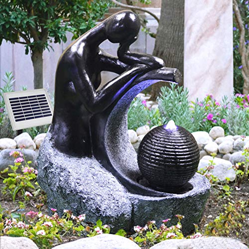 Solar Gartenbrunnen Brunnen Solarbrunnen Zierbrunnen Wasserfall Gartenleuchte Teichpumpe für Terrasse, Balkon, verbessertes Modell mit Pumpen-instant-Start-Funktion mit Liion-Akku & Led-Licht (V005) von AMUR