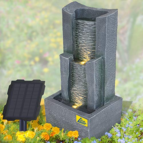 Solar Gartenbrunnen Brunnen Solarbrunnen Zierbrunnen Wasserfall Gartenleuchte Teichpumpe für Terrasse, Balkon (Solar-Brunnen 3-Stufige Stein-Kaskade mit Li-Ion-Akku/LED-Licht) von AMUR