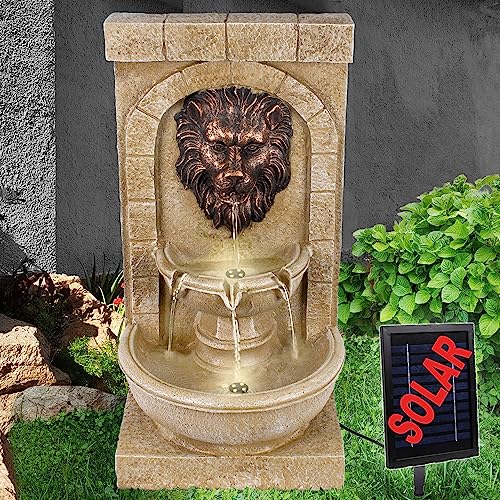 Solar Gartenbrunnen Brunnen Zierbrunnen Zimmerbrunnen Springbrunnen Brunnen mit LED-Licht, Wasserfall Wasserspiel für Garten (Solarbrunnen LÖWENHERZ mit LED-Licht) von AMUR