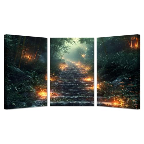 AMXBZC 3 Stück Abstrakt Bild auf Leinwand Schlafzimmer Bilder Wand, Abstrakte Waldtreppe Wandbild Kunstdruck Wanddeko Wohnzimmer Kunst Modern Büro - 40x60cmx3 Gerahmt von AMXBZC