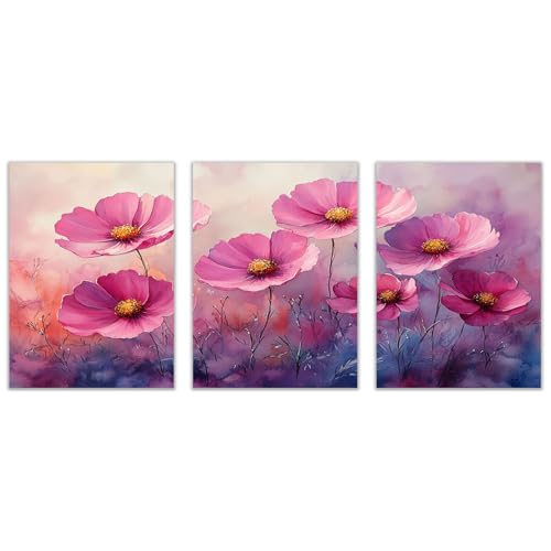 AMXBZC 3-teiliges Set Moderne Poster Wandkunst Bilder Blühende Blumen Bilder Pflanzen Motiv - Retro Wandbild für Badezimmer Wohnzimmer Wanddekoration(rosa)-20x30cmx3 Ungerahmt von AMXBZC