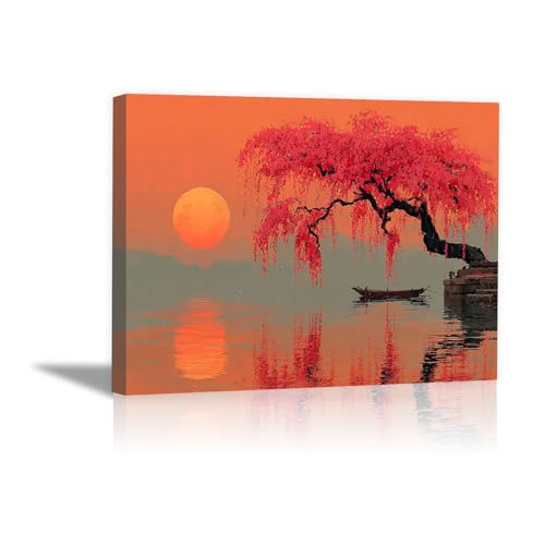 AMXBZC Abstrakt Bild auf Leinwand Baum Sonnenuntergang am See Schlafzimmer Landschafts Bilder -Kunstdruck- Badezimmer -Wohnzimmer Wand Deko(rot)-40x60cm Gerahmt von AMXBZC