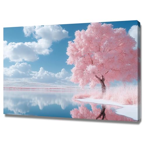 AMXBZC Abstrakt Bild auf Leinwand Winter Bäume am See Landschaft Schlafzimmer Landschafts Bilder -Kunstdruck- Badezimmer -Wohnzimmer Wand Deko(Rosa)-30x40cm Gerahmt von AMXBZC