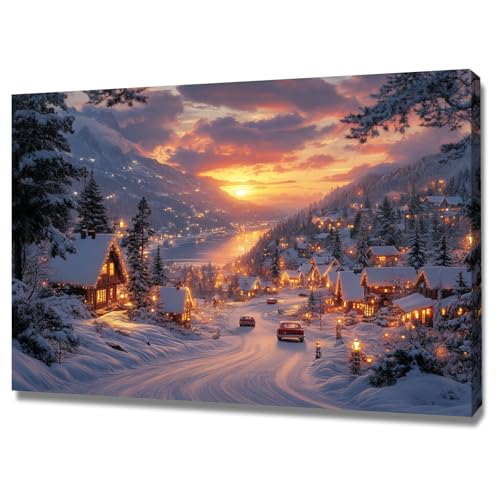 AMXBZC Abstrakt Bild auf Leinwand Winter Naturposter am See Schlafzimmer Landschafts Bilder -Kunstdruck- Badezimmer -Wohnzimmer Wand Deko(Golden)-30x40cm Gerahmt von AMXBZC