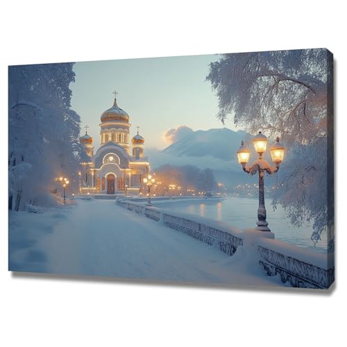 AMXBZC Abstrakt Bild auf Leinwand Winter Schnee Baumhütte Schlafzimmer Landschafts Bilder -Kunstdruck- Badezimmer -Wohnzimmer Wand Deko(weiß)-50x70cm Gerahmt von AMXBZC