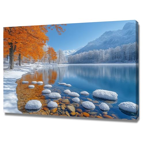 AMXBZC Abstraktes Nature Leinwand Bilder Kunstdrucke Winter Bäume am See Landschaft Pflanze Wandbild - für Badezimmer Küche Wohnzimmer Wanddekoration(Orange)-80x120cm Gerahmt von AMXBZC