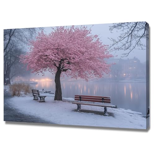 AMXBZC Abstraktes Nature Leinwand Bilder Kunstdrucke Winter Bäume am See Landschaft Pflanze Wandbild - für Badezimmer Küche Wohnzimmer Wanddekoration(Rosa)-80x120cm Gerahmt von AMXBZC
