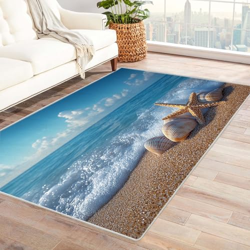 AMXBZC Kurzflor Dünner Teppich, rutschfeste Wohnzimmer, Weicher Blaue Ocean Shells Muster Teppiche Waschbarer, Schlafzimmer,Bereich Kinderzimmer, Esszimmer Büro Teppiche(Blau)-240x300cm von AMXBZC