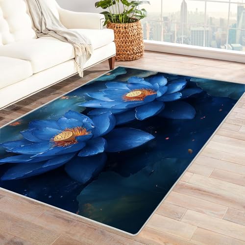 AMXBZC Kurzflor Dünner Teppich, rutschfeste Wohnzimmer, Weicher Graffiti Schöne Blumen Waschbarer, Schlafzimmer,Bereich Kinderzimmer, Esszimmer Büro Teppiche(Blau 26)-210x270cm von AMXBZC