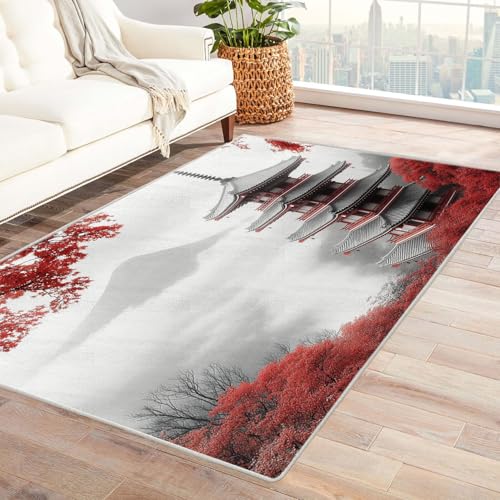 AMXBZC Kurzflor Dünner Teppich, rutschfeste Wohnzimmer, Weicher Natur Bäume Berge Waschbarer, Schlafzimmer,Bereich Kinderzimmer, Esszimmer Büro Teppiche(rot)-120x180cm von AMXBZC