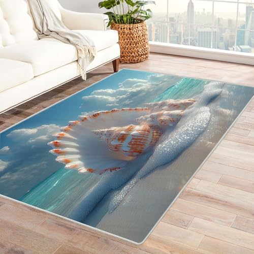 AMXBZC Kurzflor Dünner Teppich, rutschfeste Wohnzimmer, Weicher Niedliche Muscheln am Strand Waschbarer, Schlafzimmer,Bereich Kinderzimmer, Esszimmer Büro Teppiche(blau)-240x300cm von AMXBZC