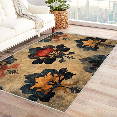 AMXBZC Kurzflor Dünner Teppich, rutschfeste Wohnzimmer, Weicher Retro Abstrakte Blumen Waschbarer, Schlafzimmer,Bereich Kinderzimmer, Esszimmer Büro Teppiche(Rot 6)-240x300cm von AMXBZC