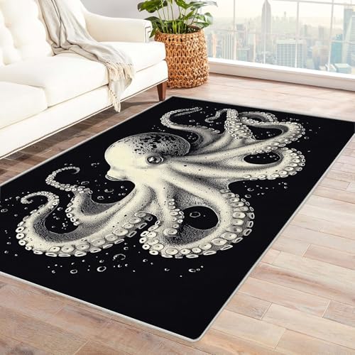 AMXBZC Kurzflor Dünner Teppich, rutschfeste Wohnzimmer, Weicher Retro Meerestier Muster Waschbarer, Schlafzimmer,Bereich Kinderzimmer, Esszimmer Büro Teppiche(grau)-180x240cm von AMXBZC
