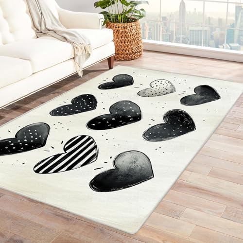 AMXBZC Kurzflor Dünner Teppich, rutschfeste Wohnzimmer, Weicher Schwarz-Weiß-Muster Waschbarer, Schlafzimmer,Bereich Kinderzimmer, Esszimmer Büro Teppiche(schwarz)-150x240cm von AMXBZC