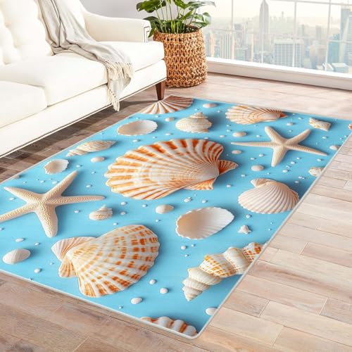 AMXBZC Kurzflor Dünner Teppich, rutschfeste Wohnzimmer, Weicher Strand Bunte Muscheln Muster Waschbarer, Schlafzimmer,Bereich Kinderzimmer, Esszimmer Büro Teppiche(blau)-90x120cm von AMXBZC