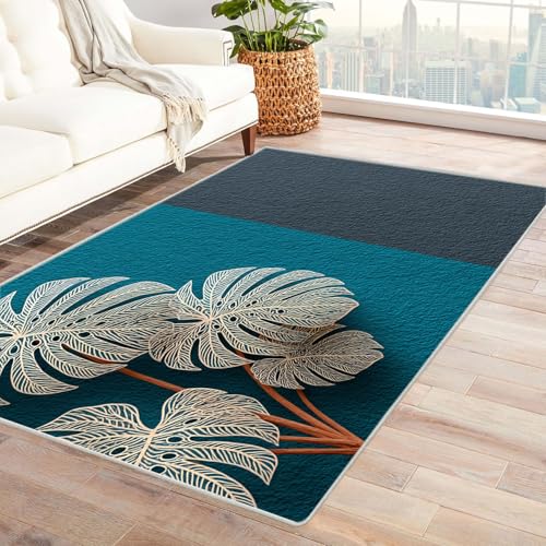 AMXBZC Kurzflor Dünner Teppich, rutschfeste Wohnzimmer, Weicher Vintage Pflanze Baum Teppich Waschbarer, Schlafzimmer,Bereich Kinderzimmer, Esszimmer Büro Teppiche(blau)-150x180cm von AMXBZC