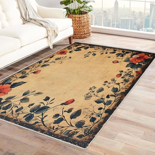 AMXBZC Moderne Design Weich Robuster Teppich Abstrakt Einfach Blumen Waschbar ideal für Wohnzimmer, Esszimmer und Außenbereich, In- und Outdoor, Vintage-Optik(Gelb)-150x210cm von AMXBZC