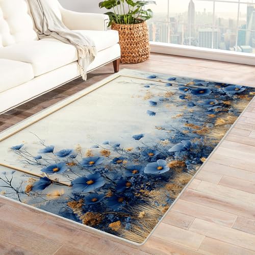 AMXBZC Moderne Design Weich Robuster Teppich Abstrakte Natur Pflanzen Blumen Waschbar ideal für Wohnzimmer, Esszimmer und Außenbereich, In- und Outdoor, Vintage-Optik(blau)-90x120cm von AMXBZC