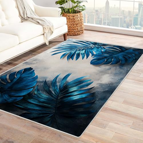 AMXBZC Moderne Design Weich Robuster Teppich Abstrakte Pflanze Moderner Teppich Waschbar ideal für Wohnzimmer, Esszimmer und Außenbereich, In- und Outdoor, Vintage-Optik(blau)-90x120cm von AMXBZC