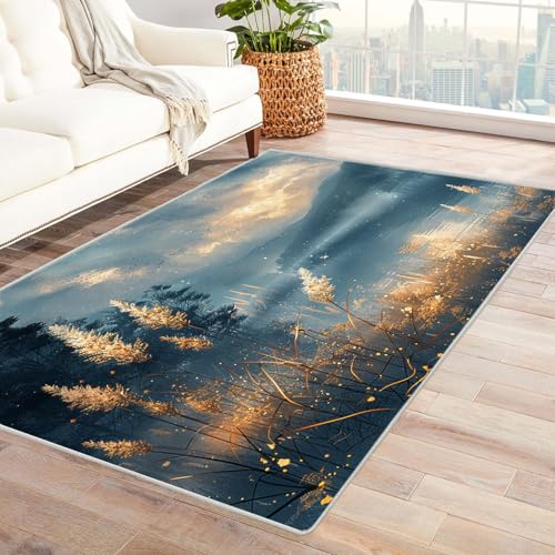 AMXBZC Moderne Design Weich Robuster Teppich Abstrakte Pflanzenbilder Waschbar ideal für Wohnzimmer, Esszimmer und Außenbereich, In- und Outdoor, Vintage-Optik(blau)-90x120cm von AMXBZC