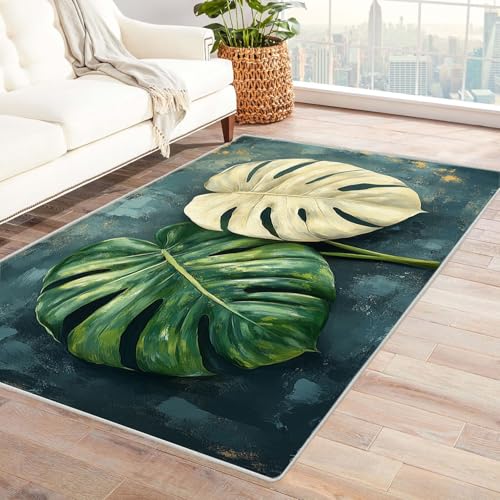 AMXBZC Moderne Design Weich Robuster Teppich Abstrakte Pflanzenblätter Waschbar ideal für Wohnzimmer, Esszimmer und Außenbereich, In- und Outdoor, Vintage-Optik(grün)-90x150cm von AMXBZC
