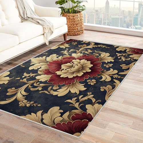 AMXBZC Moderne Design Weich Robuster Teppich Abstrakte Retro Blumen Waschbar ideal für Wohnzimmer, Esszimmer und Außenbereich, In- und Outdoor, Vintage-Optik(Beige)-150x210cm von AMXBZC