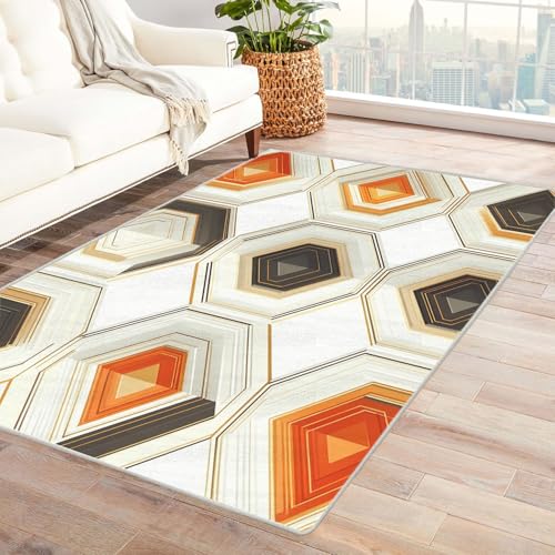 AMXBZC Moderne Design Weich Robuster Teppich Abstrakte geometrische Formen Waschbar ideal für Wohnzimmer, Esszimmer und Außenbereich, In- und Outdoor, Vintage-Optik(Golden)-150x240cm von AMXBZC