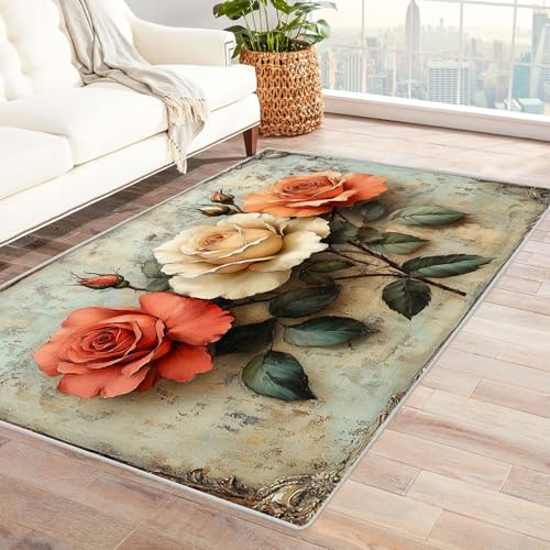 AMXBZC Moderne Design Weich Robuster Teppich Abstrakter Blumenteppich Waschbar ideal für Wohnzimmer, Esszimmer und Außenbereich, In- und Outdoor, Vintage-Optik(Orange 3)-150x240cm von AMXBZC