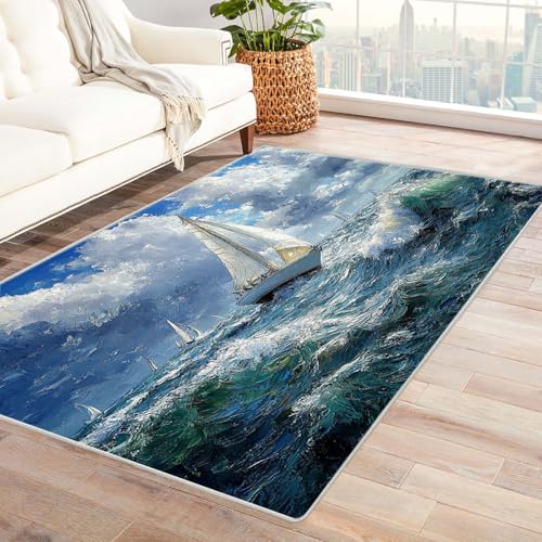 AMXBZC Moderne Design Weich Robuster Teppich Abstrakter Seascape Teppich Waschbar ideal für Wohnzimmer, Esszimmer und Außenbereich, In- und Outdoor, Vintage-Optik(Blau)-150x180cm von AMXBZC