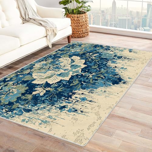 AMXBZC Moderne Design Weich Robuster Teppich Abstrakter bunter geometrischer Teppich Waschbar ideal für Wohnzimmer, Esszimmer und Außenbereich, In- und Outdoor, Vintage-Optik(blau)-60x90cm von AMXBZC
