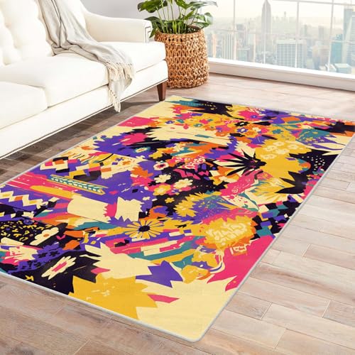 AMXBZC Moderne Design Weich Robuster Teppich Abstrakter bunter geometrischer Teppich Waschbar ideal für Wohnzimmer, Esszimmer und Außenbereich, In- und Outdoor, Vintage-Optik(lila)-60x90cm von AMXBZC