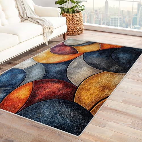 AMXBZC Moderne Design Weich Robuster Teppich Abstraktes buntes Muster Waschbar ideal für Wohnzimmer, Esszimmer und Außenbereich, In- und Outdoor, Vintage-Optik(blau)-90x150cm von AMXBZC