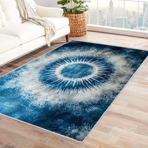 AMXBZC Moderne Design Weich Robuster Teppich Abstraktes geometrisches Muster Waschbar ideal für Wohnzimmer, Esszimmer und Außenbereich, In- und Outdoor, Vintage-Optik(blau)-120x180cm von AMXBZC