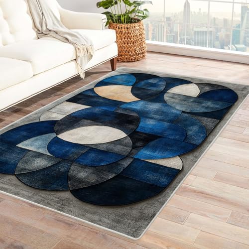 AMXBZC Moderne Design Weich Robuster Teppich Abstraktes geometrisches Muster Waschbar ideal für Wohnzimmer, Esszimmer und Außenbereich, In- und Outdoor, Vintage-Optik(blau)-90x120cm von AMXBZC