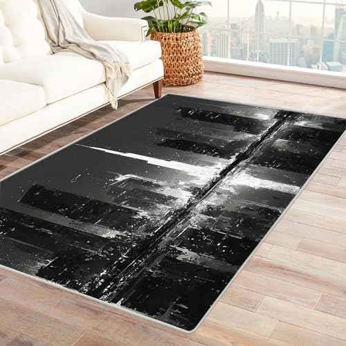 AMXBZC Moderne Design Weich Robuster Teppich Abstraktes schwarz-weißes Muster Waschbar ideal für Wohnzimmer, Esszimmer und Außenbereich, In- und Outdoor, Vintage-Optik(Schwarz 33)-150x180cm von AMXBZC