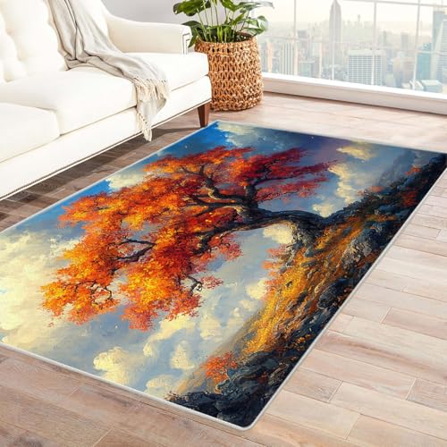AMXBZC Moderne Design Weich Robuster Teppich Baum des Lebens Bilder Waschbar ideal für Wohnzimmer, Esszimmer und Außenbereich, In- und Outdoor, Vintage-Optik(Orange)-150x180cm von AMXBZC