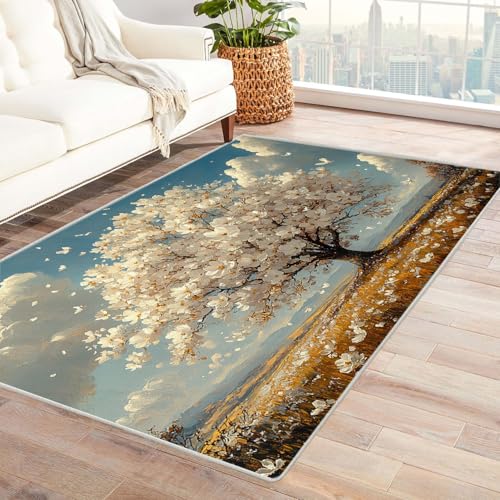 AMXBZC Moderne Design Weich Robuster Teppich Baum des Lebens Landschaft Waschbar ideal für Wohnzimmer, Esszimmer und Außenbereich, In- und Outdoor, Vintage-Optik(weiß)-240x300cm von AMXBZC