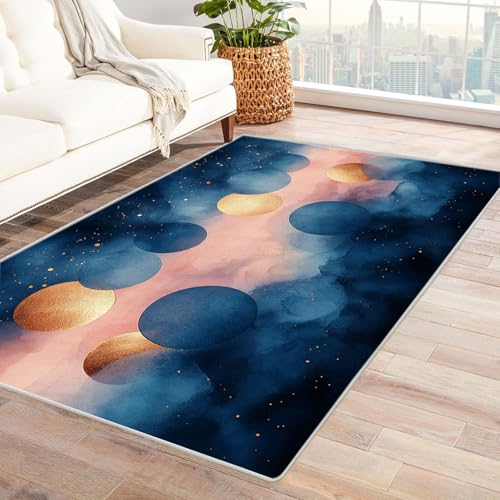 AMXBZC Moderne Design Weich Robuster Teppich Blaugold Kreisförmiges Muster Waschbar ideal für Wohnzimmer, Esszimmer und Außenbereich, In- und Outdoor, Vintage-Optik(blau)-150x210cm von AMXBZC
