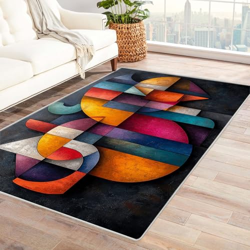 AMXBZC Moderne Design Weich Robuster Teppich Bunte geometrische Muster Waschbar ideal für Wohnzimmer, Esszimmer und Außenbereich, In- und Outdoor, Vintage-Optik(Gelb 53)-90x150cm von AMXBZC