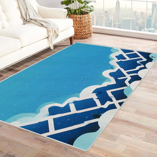 AMXBZC Moderne Design Weich Robuster Teppich Einfaches blaues abstraktes Muster Waschbar ideal für Wohnzimmer, Esszimmer und Außenbereich, In- und Outdoor, Vintage-Optik(blau)-150x210cm von AMXBZC