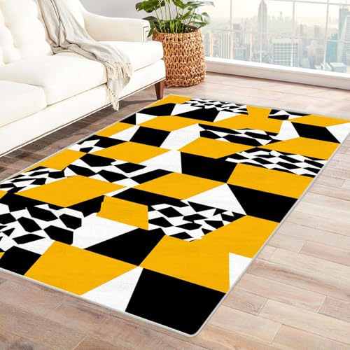 AMXBZC Moderne Design Weich Robuster Teppich Gelb Schwarz Geometrisches Muster Waschbar ideal für Wohnzimmer, Esszimmer und Außenbereich, In- und Outdoor, Vintage-Optik(Gelb)-90x120cm von AMXBZC