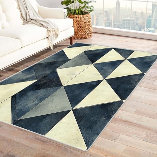 AMXBZC Moderne Design Weich Robuster Teppich Geometrisches Retro-Muster Waschbar ideal für Wohnzimmer, Esszimmer und Außenbereich, In- und Outdoor, Vintage-Optik(blau)-60x90cm von AMXBZC