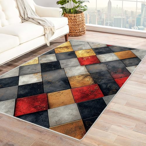 AMXBZC Moderne Design Weich Robuster Teppich Gold Rosa Geometrisches Muster Waschbar ideal für Wohnzimmer, Esszimmer und Außenbereich, In- und Outdoor, Vintage-Optik(Rosa)-210x270cm von AMXBZC