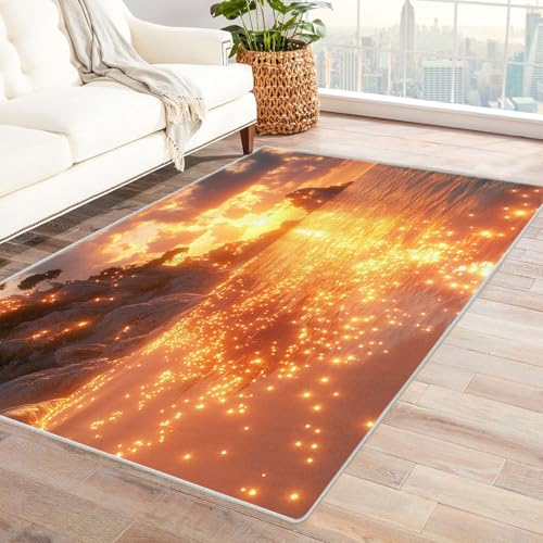 AMXBZC Moderne Design Weich Robuster Teppich Goldene Strandlandschaft bei Nacht Waschbar ideal für Wohnzimmer, Esszimmer und Außenbereich, In- und Outdoor, Vintage-Optik(Golden)-180x240cm von AMXBZC