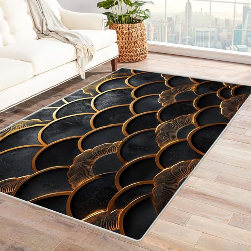 AMXBZC Moderne Design Weich Robuster Teppich Goldenes geometrisches Muster Waschbar ideal für Wohnzimmer, Esszimmer und Außenbereich, In- und Outdoor, Vintage-Optik(blau)-90x120cm von AMXBZC