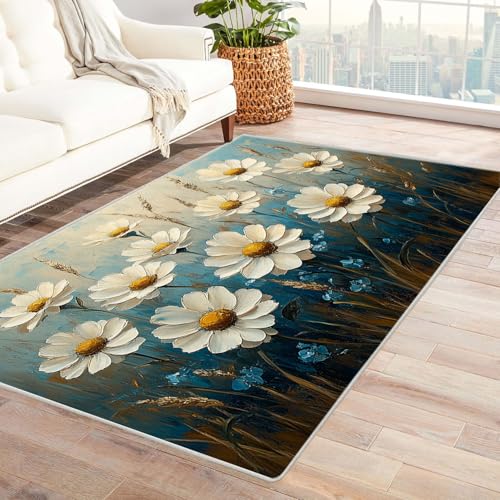 AMXBZC Moderne Design Weich Robuster Teppich Graffiti Blumen Muster Waschbar ideal für Wohnzimmer, Esszimmer und Außenbereich, In- und Outdoor, Vintage-Optik(weiß)-210x300cm von AMXBZC